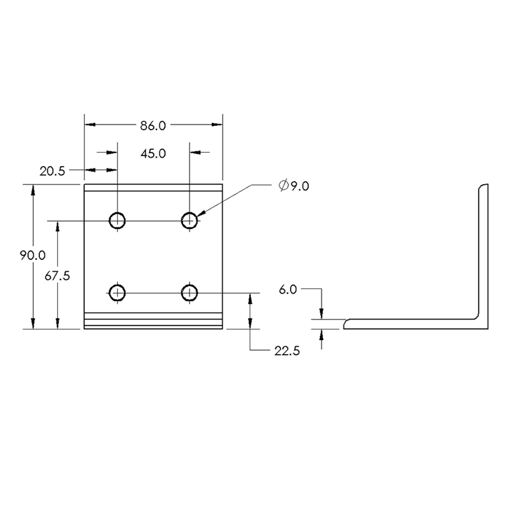 40-530-1SS MODULAR SOLUTIONS ANGLE BRACKET 90MM TALL X 90MM WIDE WITH STAINLESS STEEL HARDWARE